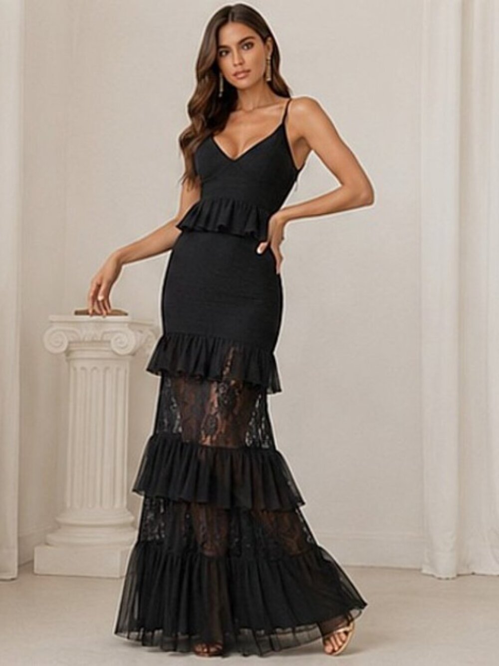 Tiered Lace Spliced Sheer Evening Gown Boutique Ruffle Bandage Maxi Dress S & L - Picture 3 of 10
